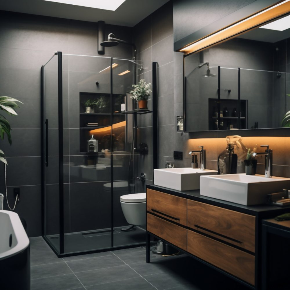 Interior of modern bathroom with black tiled walls and shower stall Interior of modern bathroom with black tiled walls and shower stall